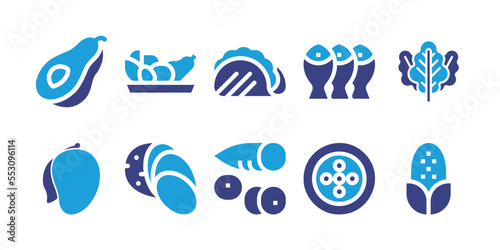 Nutrition icon set. Duotone color. Vector illustration. Containing kale, dried fish, tacos, ingredients, avocado, corn, cholesterol, yuca, sweet potato, mango.