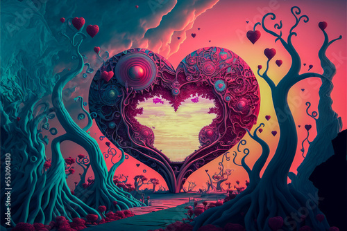Fantasy world filled with romantic hearts for Valentine's Day. Beautiful forest with colorful hearts that feed the imagination. Useful for valentine background or wallpaper. Created with generative AI