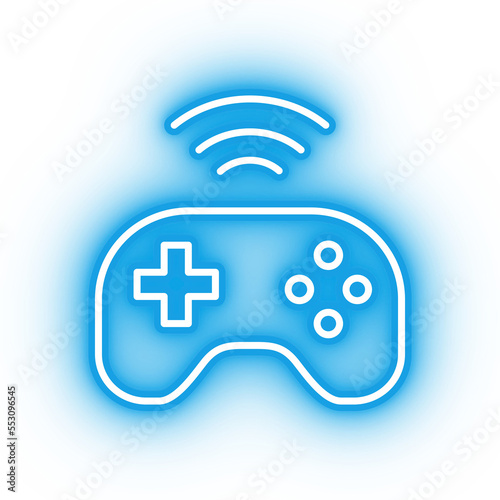Neon blue game controller icon, bluetooth console controller on transparent background