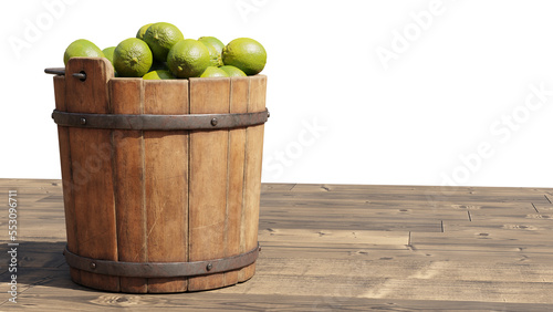 Foto limes, juicy citrus fruits   in a wooden bucket, isolated on white background