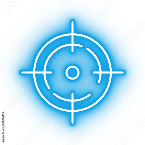 Neon blue target icon, sniper aim on transparent background
