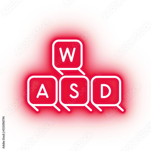 Neon red wasd keys icon, computer keyboard on transparent background