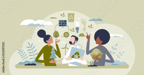 Sustainable eco community and nature friendly society tiny person concept. Green and sustainable lifestyle with environmental principles vector illustration. Recycle and use clean alternative energy.