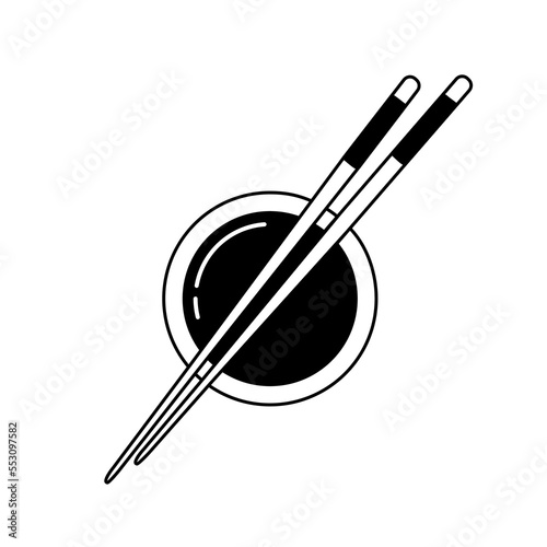 Soy sauce in plate with chopsticks icon. Line vector illustration isolated on white.