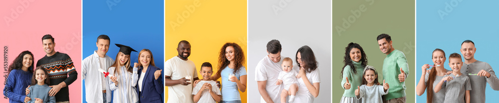 Group of happy big families on color background