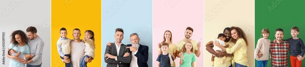 Set of happy big families on color background Set of happy big families on color background