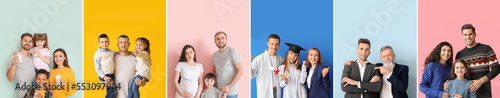 Collage of happy big families on color background