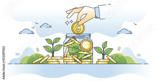 Saving money in safe deposit glass jar for coins or banknotes outline concept. Financial earnings account for future wishes vector illustration. Grow your savings with regular payments in piggy bank.
