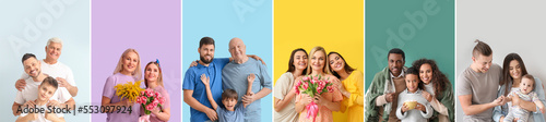 Collection of happy big families on color background