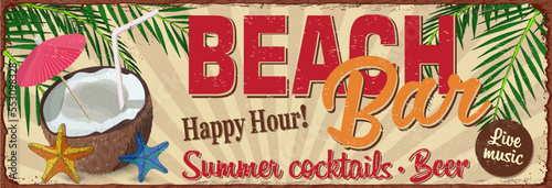 Vintage Beach Bar poster.Summer cocktails,beach,palm metal sign.