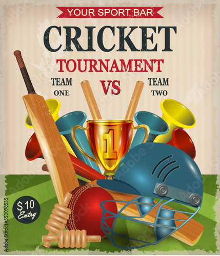 Cricket Tournament  poster with Cricket  equipments. Sports background  with cricket bat, ball, helmet and champion trophy.