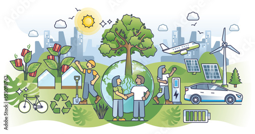 Sustainable ecosystem community with self sufficient society outline concept. Urban city with green parks and private garden for clean food growing vector illustration. Nature friendly lifestyle.