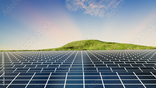 Sunset time with solar power farm, 3D illustration rendering 