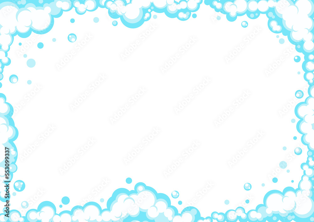 Soapy foam with bubbles. Frame of cartoon shampoo and shaving mousse foam suds. Clouds border. Vector illustration Soapy foam with bubbles. Frame of cartoon shampoo and shaving mousse foam suds. Clouds border. Vector illustration