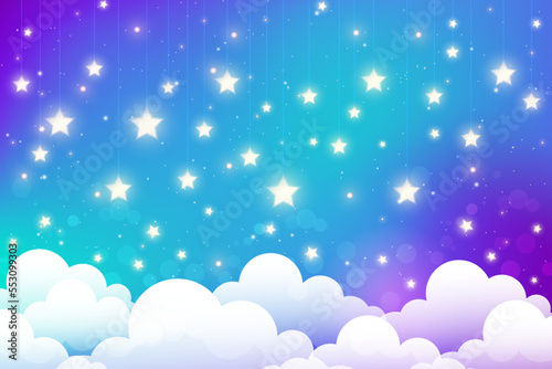 Night sky with stars and clouds. Magical landscape, abstract fabulous pattern. Cute candy wallpaper. Vector cartoon illustration.