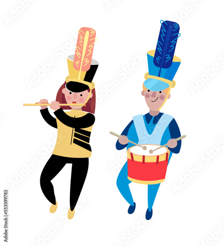 Cute girl flute player man drummer in festive uniform at parade. Holiday, carnival. Funny isolated cartoon style characters on white background. Vector illustration.