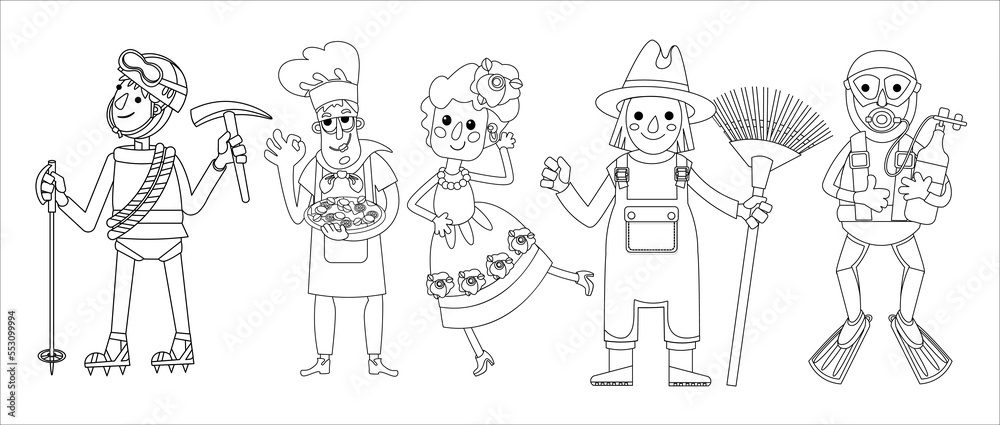 Cute diver, dancer, cook, mountaineer, gardener. People of different professions. Character for postcards, books, posters. Black and white outline. Vector illustration isolated icon for design. Cute diver, dancer, cook, mountaineer, gardener. People of different professions. Character for postcards, books, posters. Black and white outline. Vector illustration isolated icon for design.
