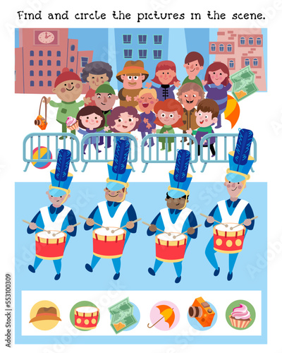 Find and circle objects. Puzzle game for children. Parade with drummers and crowd in town. Cute cartoon characters. Vector illustration.