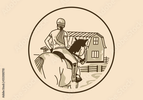 Vintage art illustration of woman is riding a horse in the circle frame