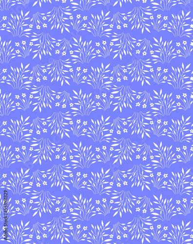 White silhouette flat flowers and leaves on a blue background fabric or paper pattern