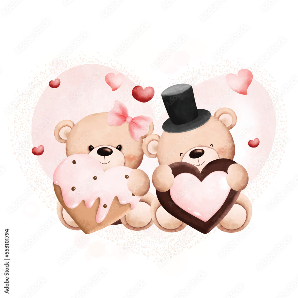 Fototapeta premium Watercolor Illustration Cute couple valentine bears