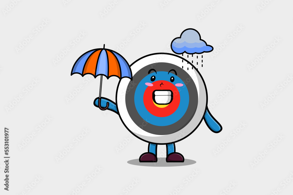 Cute cartoon Archery target character in the rain and using an umbrella in flat modern style design