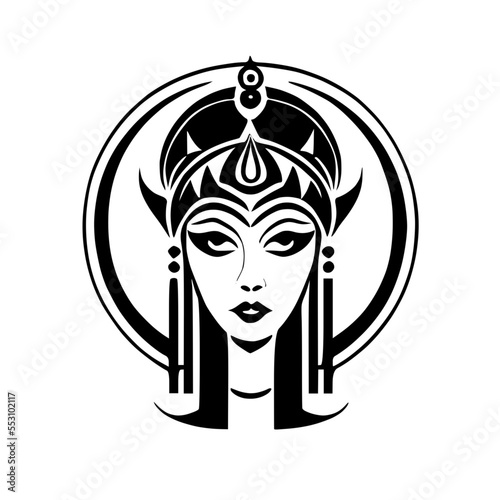Symbol of a ancient goddess or priestess with a historical face and look moon behind symbolism