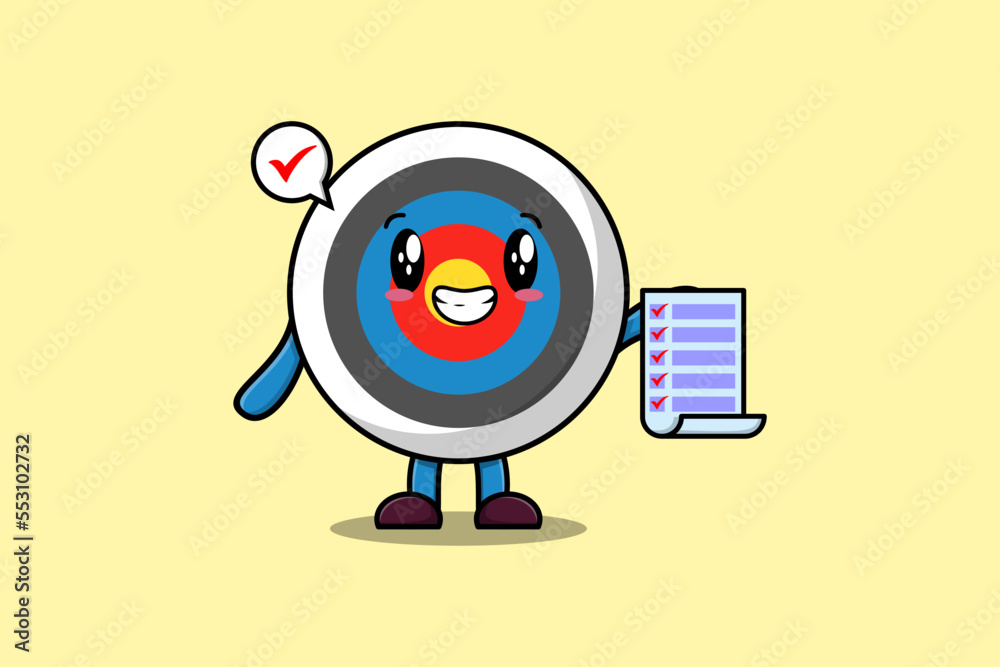Cute cartoon Archery target character holding checklist note in concept flat cartoon style