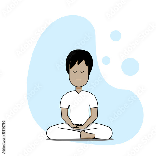 man dress up white color meditating isolated cartoon blue background circle art line 