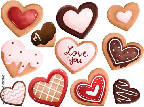 Watercolor illustration set of heart shape valentine cookies