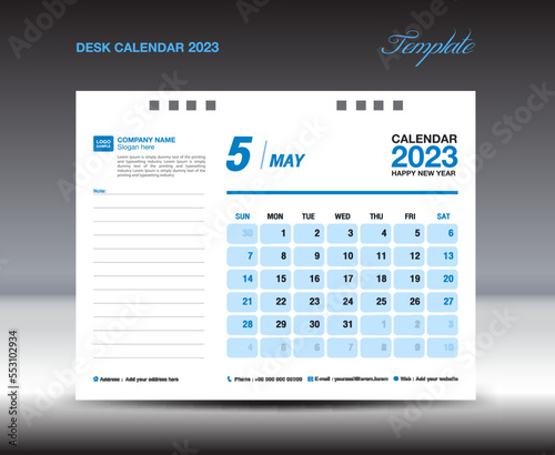 Desk calender 2023 design, May 2023 template, Calendar 2023 template, planner, simple, Wall calendar design, week starts on sunday, printing, advertiement, blue background, vector