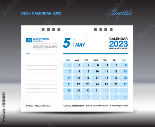 Desk calender 2023 design, May 2023 template, Calendar 2023 template, planner, simple, Wall calendar design, week starts on sunday, printing, advertiement, blue background, vector photo