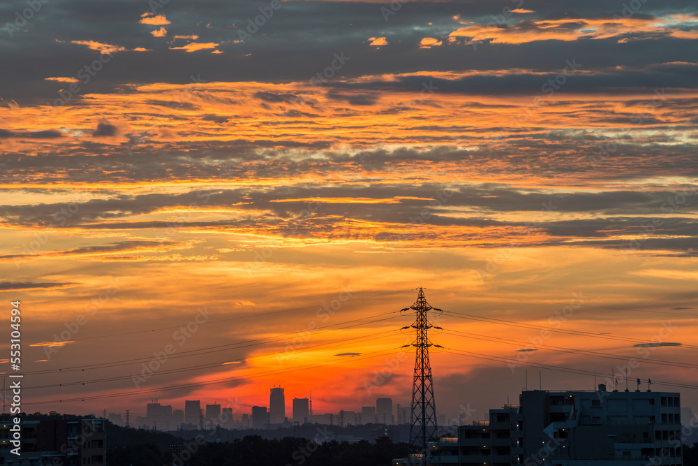 Fototapeta premium 朝日 夜明け 都市風景 日の出 朝焼け 住宅