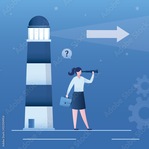 Smart entrepreneur looking spyglass, lighthouse points the way to success, profit. Concept of business vision, foresight, strategic analysis. Business navigation, right way.