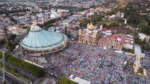 Aerial view of Basilica of Our Lady of Guadalupe. The old and the new Basilica. Basilica de Nuestra Señora Guadalupe, La Villa atrium. square. Mexico City