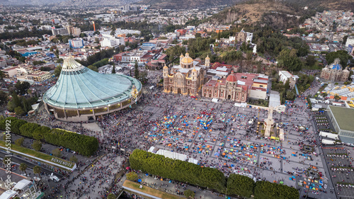 Aerial view of Basilica of Our Lady of Guadalupe. The old and the new Basilica. Basilica de Nuestra Señora Guadalupe, La Villa atrium. square. Mexico City photo