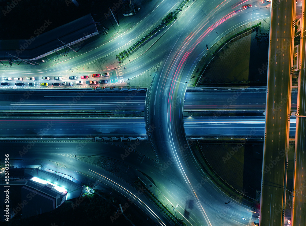Financial investment, Expressway top view, Road traffic an important infrastructure, car traffic transportation above intersection road in city night, aerial view cityscape of advanced innovation Financial investment, Expressway top view, Road traffic an important infrastructure, car traffic transportation above intersection road in city night, aerial view cityscape of advanced innovation