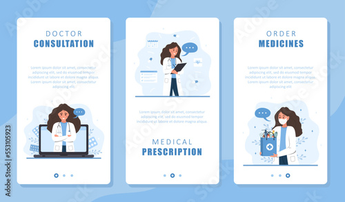 Online medicine service set. Woman doctor giving virtual medical consultation and digital prescription. Delivery medicines. Telemedicine concept. Vector illustration in flat cartoon style.