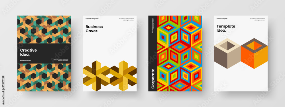 Fresh geometric hexagons booklet illustration bundle. Multicolored leaflet vector design concept collection.
