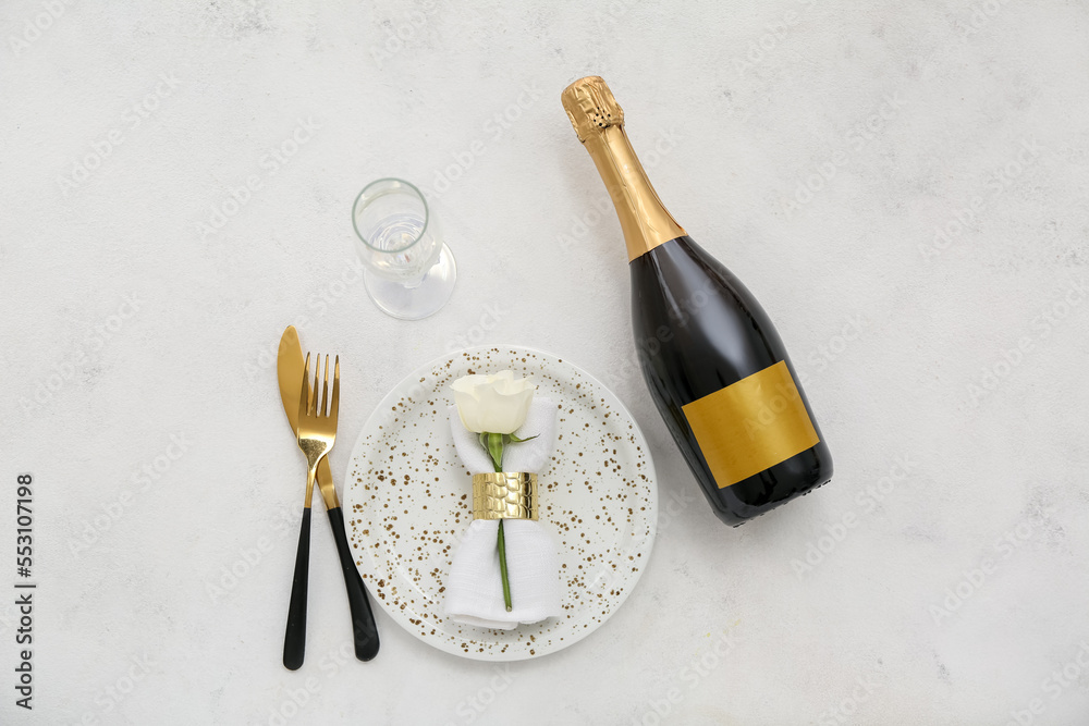 Table setting for Valentine's Day with rose on grey background Stock ...