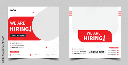 We are hiring job vacancy social media post banner design template with red color. We are hiring job vacancy square web banner design.