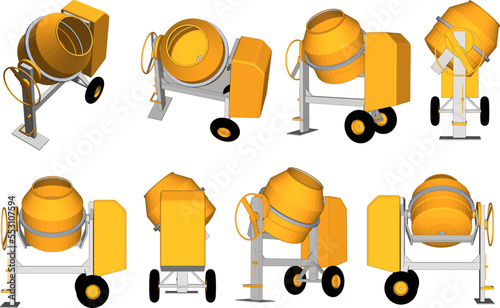 set of icons YELLOW CEMENT MIXER heavy equipment vector design with white background.