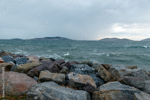  Marmara sea and Princes' Islands view in stormy weather in the evening. Istanbul. Turkey.