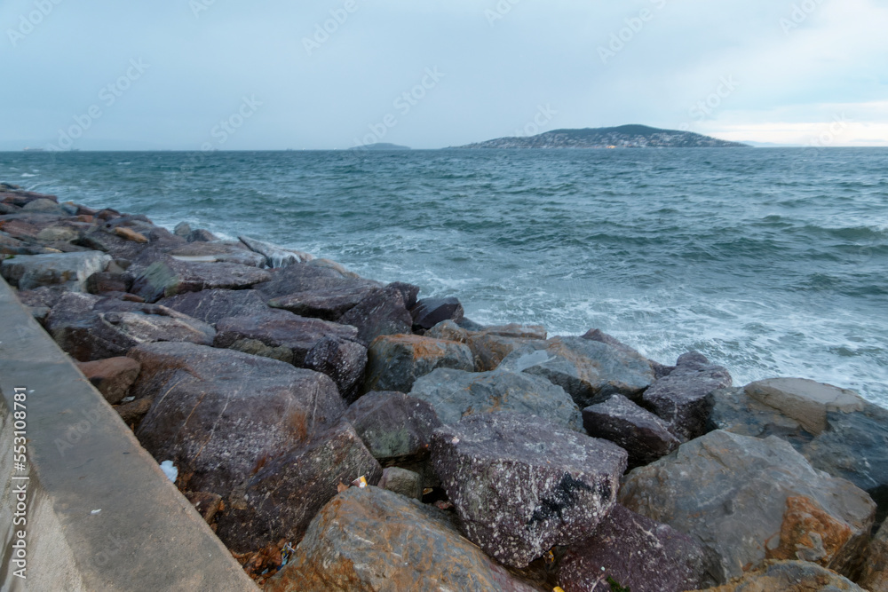 Marmara sea and Princes' Islands view in stormy weather in the evening. Istanbul. Turkey. Marmara sea and Princes' Islands view in stormy weather in the evening. Istanbul. Turkey.