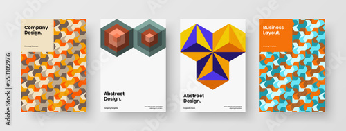 Unique annual report design vector illustration composition. Minimalistic geometric tiles journal cover template set.