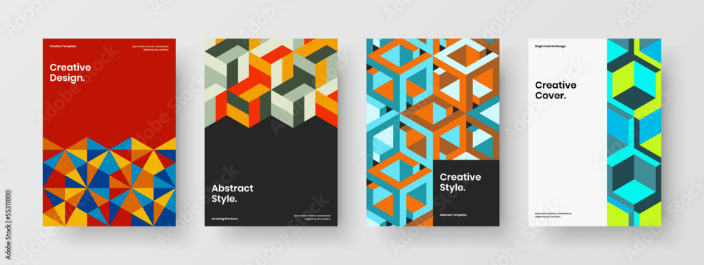 Original mosaic hexagons booklet layout collection. Clean handbill A4 design vector template bundle.