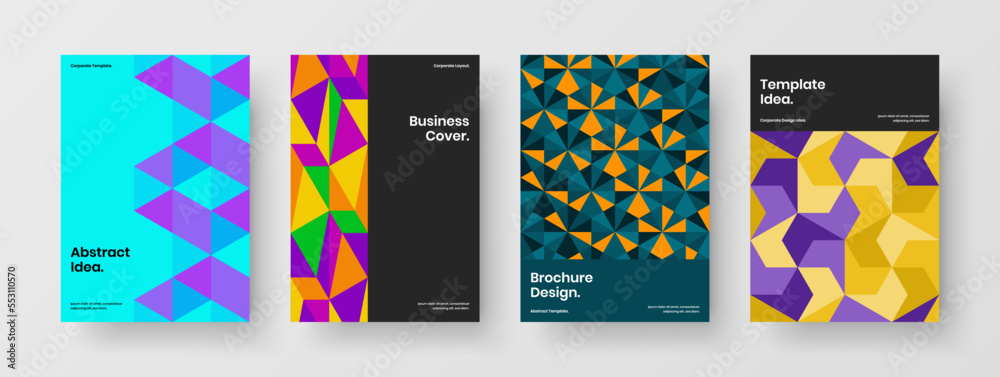 Modern journal cover A4 vector design illustration composition. Colorful mosaic hexagons booklet template collection.