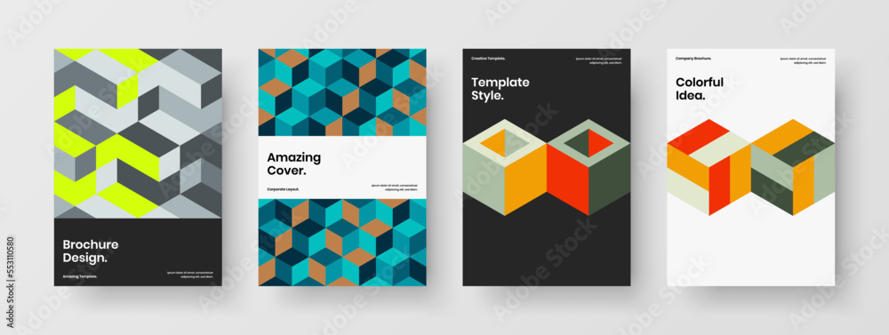 Simple mosaic tiles pamphlet layout collection. Amazing company identity A4 vector design template set.