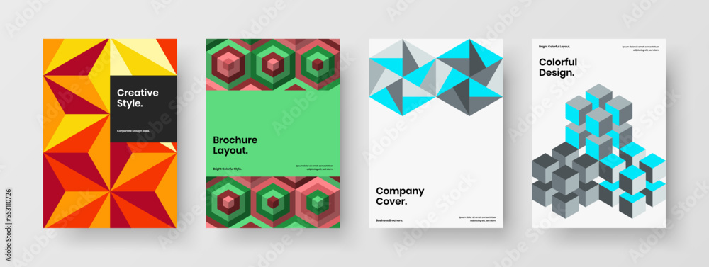 Vivid pamphlet A4 design vector layout bundle. Colorful geometric hexagons handbill illustration collection.