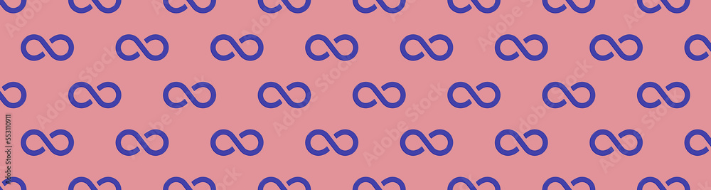 pattern. Sign of infinity is blue, isolated on purple red background. Symbol of infinity. Horizontal image. Banner for insertion into site. 3d image. 3d rendering pattern. Sign of infinity is blue, isolated on purple red background. Symbol of infinity. Horizontal image. Banner for insertion into site. 3d image. 3d rendering